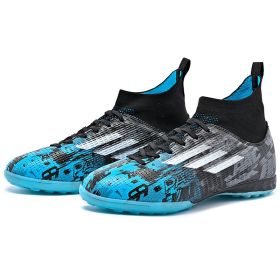 New high top Mandarin duck two-color long spike broken spike football sneakers (Color: Blue/broken nails, size: 36)