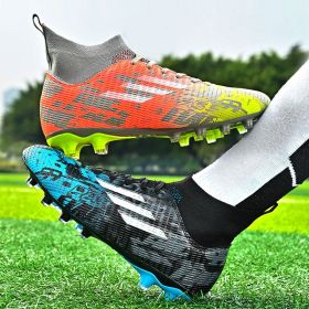 New high top Mandarin duck two-color long spike broken spike football sneakers (Color: Blue + Orange/spike, size: 35)
