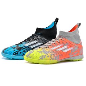 New high top Mandarin duck two-color long spike broken spike football sneakers (Color: Blue + Orange/nail, size: 42)