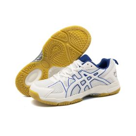 Men's and women's new fashion fashion comfortable badminton shoes anti-slip wear men's sports shoes table tennis shoes (Color: White and blue, size: 43)