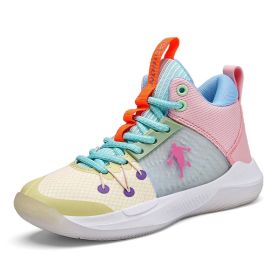 New fashion children's shoes comfortable and breathable all match primary and secondary school students youth basketball sports shoes running sho (Color: White yellow, size: 38)