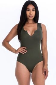 Split Neckline Sleeveless Bodysuit (Color: Beige, size: small)