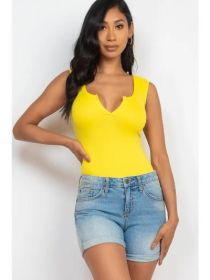 Split Neckline Sleeveless Bodysuit (Color: Amry Green, size: large)