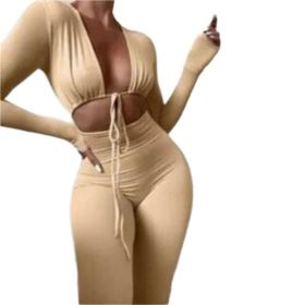 Jumpsuits Bandage Tie Sexy Hollow Out Long Sleeve Bodycon (Color: White, size: large)