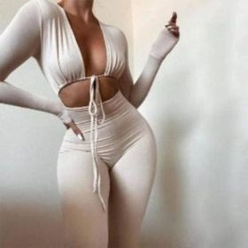Jumpsuits Bandage Tie Sexy Hollow Out Long Sleeve Bodycon (Color: Black, size: large)