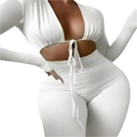 Jumpsuits Bandage Tie Sexy Hollow Out Long Sleeve Bodycon (Color: Beige, size: large)