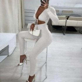Jumpsuits Bandage Tie Sexy Hollow Out Long Sleeve Bodycon (Color: Off White, size: medium)